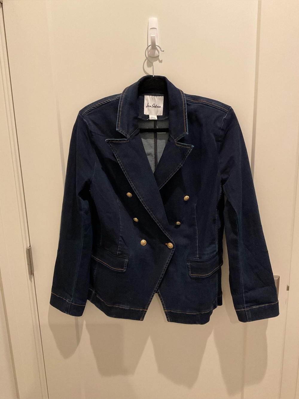 Sam Edelman Imogen Double-Breasted Dark Denim Blazer with Gold Buttons - Picture 2 of 5